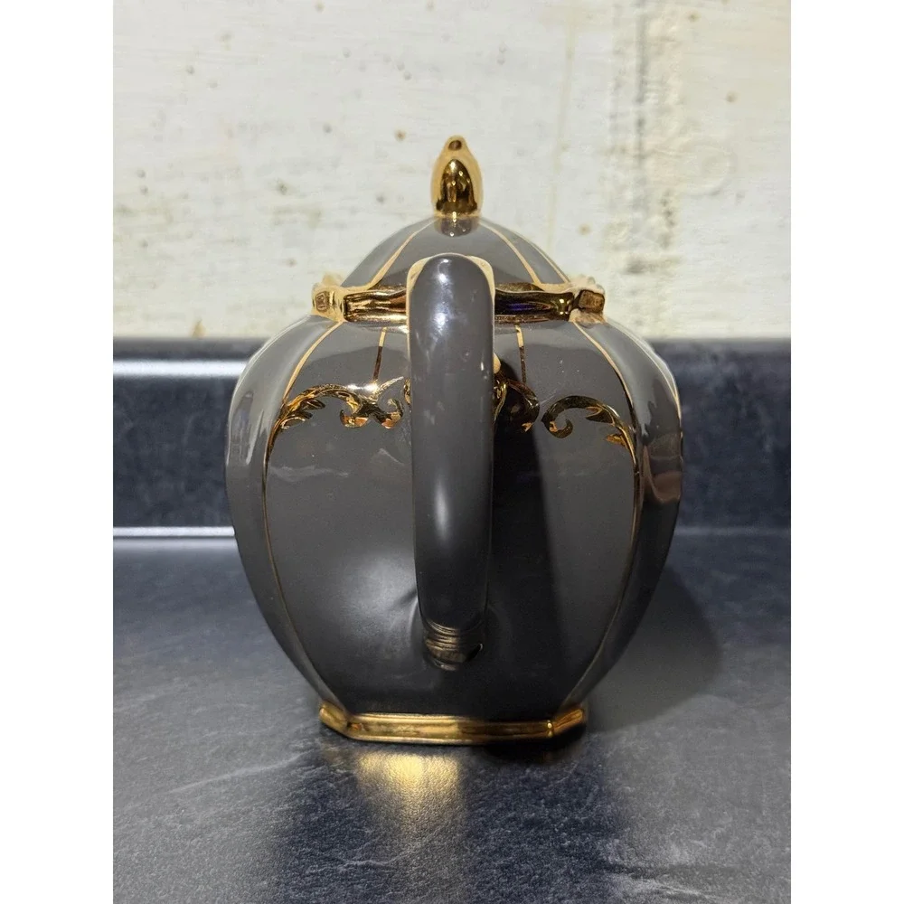 Sadler Cube Vtg Gray Ceramic Teapot 22k Gold Gilt Trim Ornate Scroll Design 1922